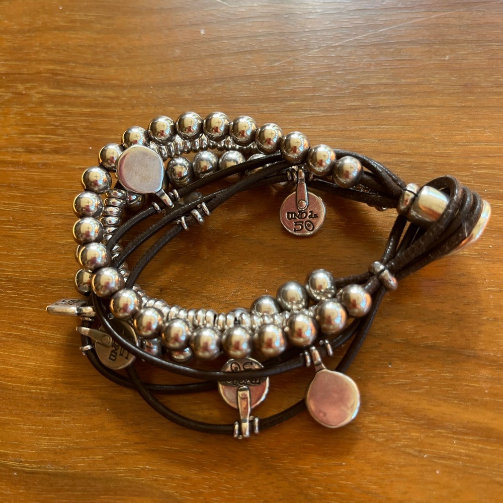 Uno de 50 leather and silver metal bracelet